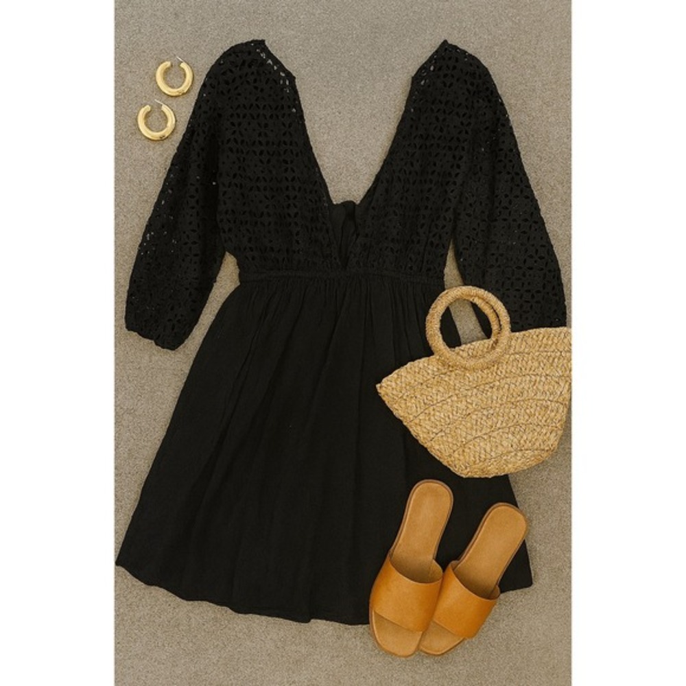O'Neill Black Eyelet Mini Dress‎ Deep V-Neck 3/4 Sleeve Boho Chic S
